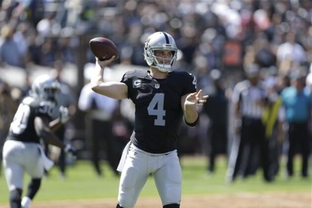 Oakland Raiders quarterback Derek Carr (4) passes against the Atlanta Falcons during the first half of an NFL football game in Oakland, Calif., Sunday, Sept. 18, 2016. (AP Photo/Ben Margot)