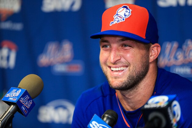 PORT ST. LUCIE, FL - SEPTEMBER 20: Tim Tebow #15 of the New York Mets speaks at a press conference after a work out at an instructional league day at Tradition Field on September 20, 2016 in Port St. Lucie, Florida. (Photo by Rob Foldy/Getty Images)
