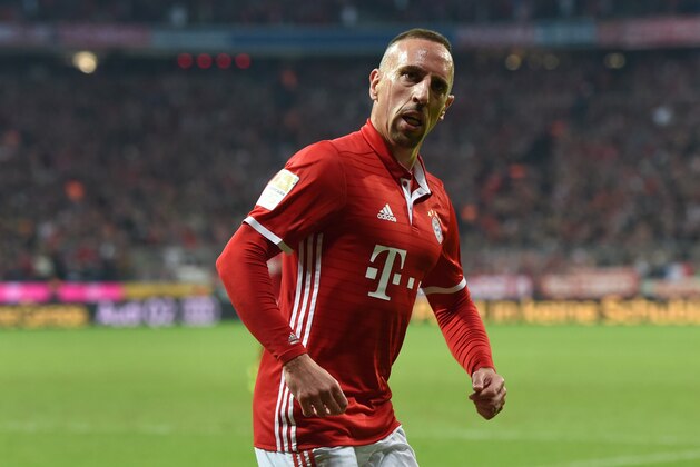 Bayern Munich's French midfielder Franck Ribery reacts after scoring during the German first division Bundesliga football match between FC Bayern Munich and Hertha Berlin in Munich, southern Germany, on September 21, 2016. / AFP / CHRISTOF STACHE / RESTRICTIONS: DURING MATCH TIME: DFL RULES TO LIMIT THE ONLINE USAGE TO 15 PICTURES PER MATCH AND FORBID IMAGE SEQUENCES TO SIMULATE VIDEO. == RESTRICTED TO EDITORIAL USE == FOR FURTHER QUERIES PLEASE CONTACT DFL DIRECTLY AT + 49 69 650050
        (Photo credit should read CHRISTOF STACHE/AFP/Getty Images)