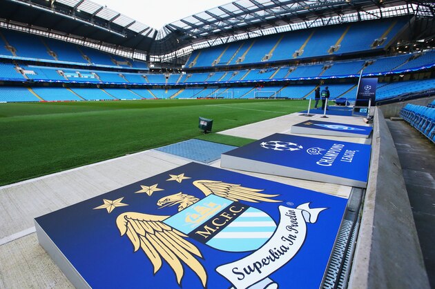 MANCHESTER, ENGLAND - MARCH 15:  A Manchester City club crest is seen on signage prior to the UEFA Champions League round of 16 second leg match between Manchester City FC and FC Dynamo Kyiv at the Etihad Stadium on March 15, 2016 in Manchester, United Kingdom.  (Photo by Alex Livesey/Getty Images)