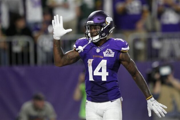 Minnesota Vikings wide receiver Stefon Diggs celebrates after catching a touchdown pass during the second half of an NFL football game against the Green Bay Packers Sunday, Sept. 18, 2016, in Minneapolis. (AP Photo/Andy Clayton-King)