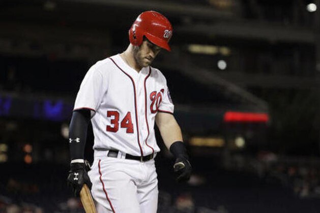 Washington Nationals right fielder Bryce Harper (34) walks back to the dugout after striking out in the bottom of the eighth inning during a baseball game against the New York Mets in Washington, Monday, Sept. 12, 2016. Nationals won 8-1. (AP Photo/Manuel Balce Ceneta)