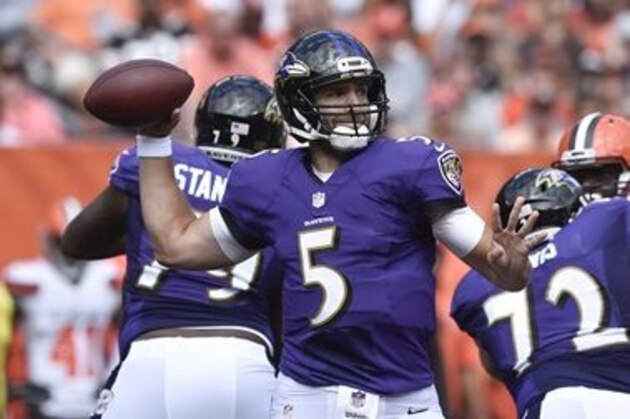 Baltimore Ravens quarterback Joe Flacco (5) passes in the first half of an NFL football game against the Cleveland Browns, Sunday, Sept. 18, 2016, in Cleveland. (AP Photo/David Richard)