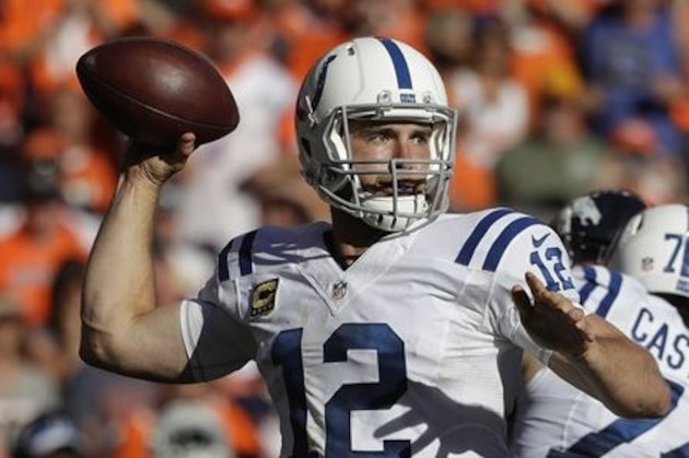 Indianapolis Colts quarterback Andrew Luck drops back to pass against the Denver Broncos during the second half in a NFL football game, Sunday, Sept. 18, 2016, in Denver. (AP Photo/Jack Dempsey)