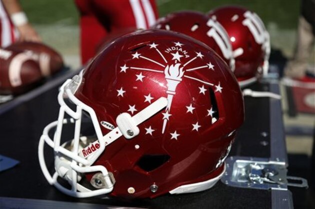 These are Indiana football helmets on the Indiana sidelines during the second half of an NCAA college football game against Penn State in State College, Pa., Saturday, Oct. 10, 2015. (AP Photo/Gene J. Puskar)