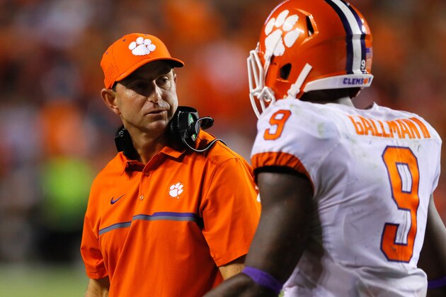 AUBURN, AL - SEPTEMBER 03:  Head coach Dabo Swinney of the Clemson Tigers talks with Wayne Gallman