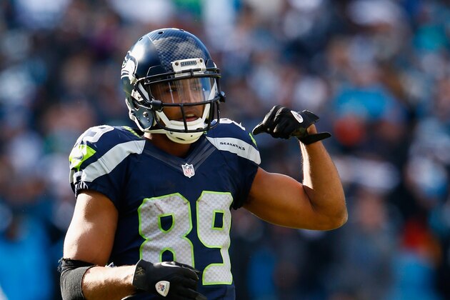 CHARLOTTE, NC - JANUARY 17:  Doug Baldwin #89 of the Seattle Seahawks reacts during the NFC Divisional Playoff Game against the Carolina Panthers at Bank of America Stadium on January 17, 2016 in Charlotte, North Carolina.  (Photo by Jamie Squire/Getty Images)