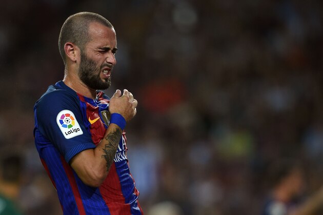 Barcelona's defender Aleix Vidal gestures during the Spanish league football match FC Barcelona vs Deportivo Alaves at the Camp Nou stadium in Barcelona on September 10, 2016. / AFP / LLUIS GENE        (Photo credit should read LLUIS GENE/AFP/Getty Images)
