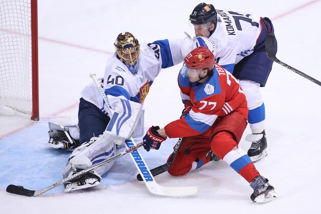 TORONTO, ON - SEPTEMBER 22: Ivan Telegin #77 of Team Russia scores a goal in the second period past Tuukka Rask #40 of Team Finland during the World Cup of Hockey tournament at the Air Canada Centre on September 22, 2016 in Toronto, Canada. (Photo by Tom Szczerbowski/Getty Images)