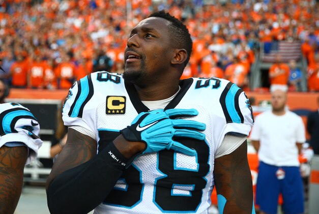 Sep 8, 2016; Denver, CO, USA; Carolina Panthers linebacker Thomas Davis (58) stands during the national anthem against the Denver Broncos at Sports Authority Field at Mile High. The Broncos defeated the Panthers 21-20. Mandatory Credit: Mark J. Rebilas-USA TODAY Sports