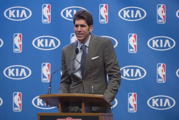 May 10, 2016; Oakland, CA, USA; Golden State Warriors general manager Bob Myers speaks during  the 2015-2016 NBA Most Valuable Player trophy awarded to guard Stephen Curry (not pictured) at Oracle Arena. Mandatory Credit: Kyle Terada-USA TODAY Sports