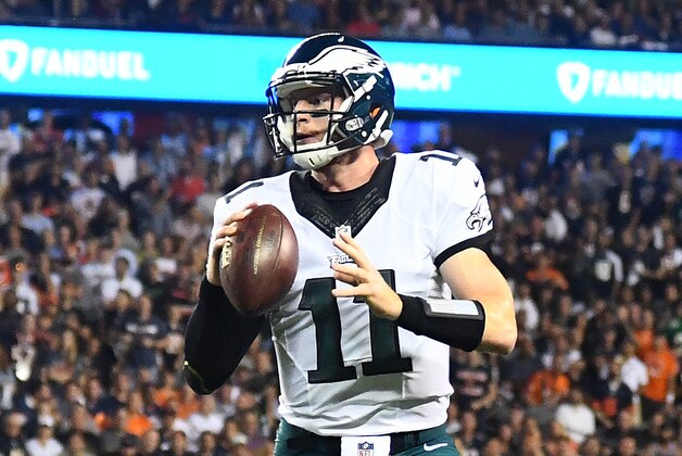 Sep 19, 2016; Chicago, IL, USA; Philadelphia Eagles quarterback Carson Wentz (11) prepares to throw the ball against the Chicago Bears during the first quarter at Soldier Field. Mandatory Credit: Mike DiNovo-USA TODAY Sports