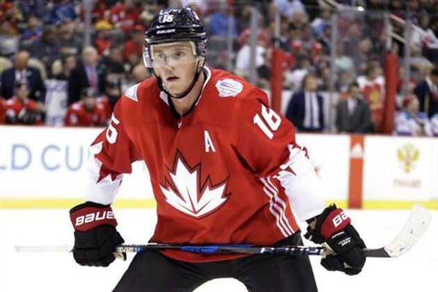 Team Canada's Jonathan Toews prepares to take a face-off during the second period of a World Cup of Hockey 2016 exhibition game against Team Russia in Pittsburgh Wednesday, Sept. 14, 2016. (AP Photo/Gene J. Puskar)