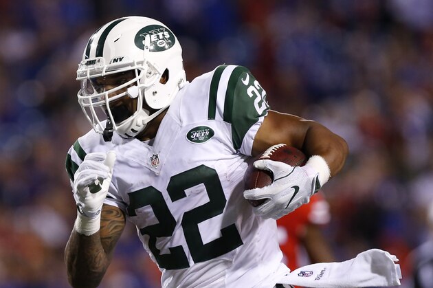 Sep 15, 2016; Orchard Park, NY, USA; New York Jets running back Matt Forte (22) runs for a touchdown during the second half against the Buffalo Bills at New Era Field. The Jets beat the Bills 37-31. Mandatory Credit: Kevin Hoffman-USA TODAY Sports