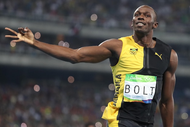 Aug 19, 2016; Rio de Janeiro, Brazil; Usain Bolt (JAM) in the men   s 4 x 100m relay final during track and field competition in the Rio 2016 Summer Olympic Games at Estadio Olimpico Joao Havelange. Mandatory Credit: Geoff Burke-USA TODAY Sports