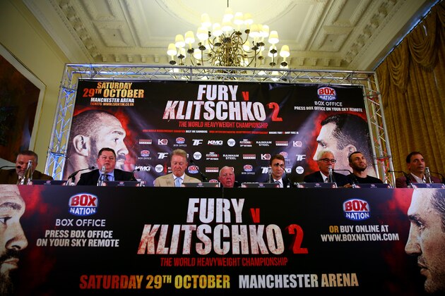 LONDON, ENGLAND - SEPTEMBER 12:  Wladimir Klitschko (2nd R) attends a press conference which Tyson Fury failed to attend ahead of the world heavyweight title rematch between Tyson Fury and Wladimir Klitschko at the Landmark London Hotel on September 12, 2016 in London, England.  (Photo by Dan Istitene/Getty Images)
