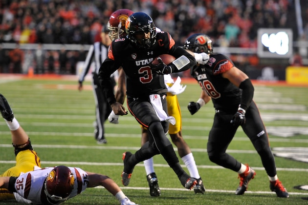 SALT LAKE CITY, UT - SEPTEMBER 23: Quarterback Troy Williams #3 of the Utah Utes scores a first quarter touchdown against the USC Trojans at Rice-Eccles Stadium on September 23, 2016 in Salt Lake City, Utah. (Photo by Gene Sweeney Jr/Getty Images)