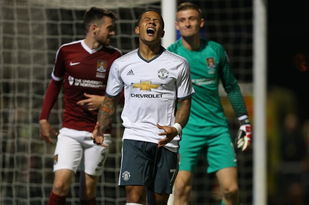NORTHAMPTON, ENGLAND - SEPTEMBER 21: A frustrated Memphis Depay of Manchester United shouts during the EFL Cup match between Northampton Town and Manchester United at Sixfields on September 21, 2016 in Northampton, England. (Photo by Catherine Ivill - AMA/Getty Images)