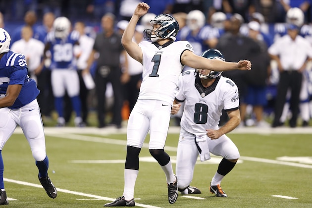 INDIANAPOLIS, IN - SEPTEMBER 15: Cody Parkey #1 of the Philadelphia Eagles kicks a field goal against the Indianapolis Colts during the game at Lucas Oil Stadium on September 15, 2014 in Indianapolis, Indiana. The Eagles defeated the Colts 30-27. (Photo by Joe Robbins/Getty Images)