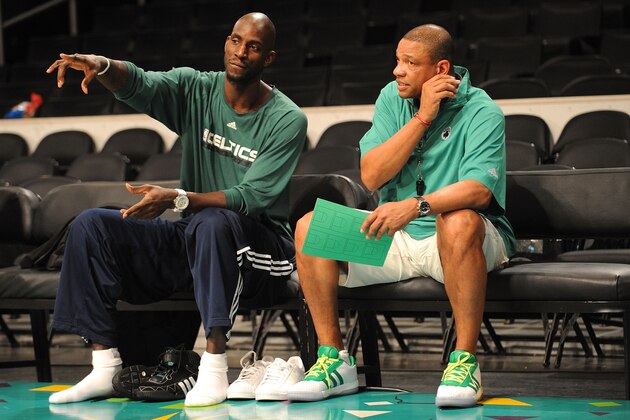 LOS ANGELES, CA - JUNE 11:  (L-R) Kevin Garnett and head coach Doc Rivers of the Boston Celtics talk on the bench during Media Availability prior to Game Four of the 2008 NBA Finals against the Los Angeles Lakers at Staples Center on June 11, 2008 in Los Angeles, California. NOTE TO USER: User expressly acknowledges and agrees that, by downloading and/or using this Photograph, user is consenting to the terms and conditions of the Getty Images License Agreement. Mandatory Copyright Notice: Copyright 2008 NBAE  (Photo by Andrew D. Bernstein/NBAE/Getty Images)