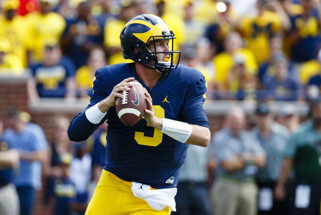 Sep 3, 2016; Ann Arbor, MI, USA; Michigan Wolverines quarterback Wilton Speight (3) passes in the first quarter against the Hawaii Warriors at Michigan Stadium. Mandatory Credit: Rick Osentoski-USA TODAY Sports