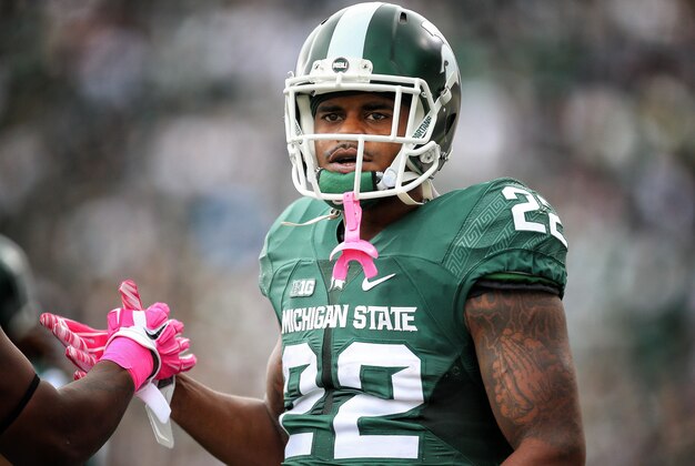 Oct 24, 2015; East Lansing, MI, USA; Michigan State Spartans running back Delton Williams (22) warms up prior to a game against the Indiana Hoosiers at Spartan Stadium. Mandatory Credit: Mike Carter-USA TODAY Sports