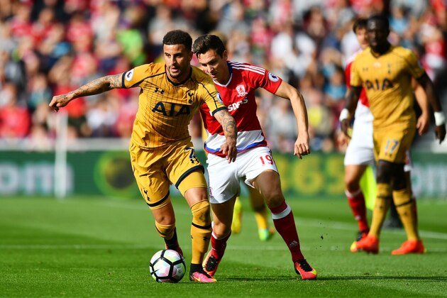 MIDDLESBROUGH, ENGLAND - SEPTEMBER 24: Kyle Walker of Tottenham Hotspur (L) is put under pressure from Stewart Downing of Middlesbrough during the Premier League match between Middlesbrough and Tottenham Hotspur at the Riverside Stadium on September 24, 2016 in Middlesbrough, England. (Photo by Dan Mullan/Getty Images) MIDDLESBROUGH, ENGLAND - SEPTEMBER 24: Kyle Walker of Tottenham Hotspur (L) is put under pressure from Stewart Downing of Middlesbrough during the Premier League match between Middlesbrough and Tottenham Hotspur at the Riverside Stadium on September 24, 2016 in Middlesbrough, England. (Photo by Dan Mullan/Getty Images)