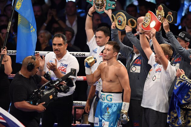 LONDON, ENGLAND - SEPTEMBER 10:  Gennady Golovkin of Kazakhstan in the ring ahead of his fight with Kell Brook of Great Britain for the WBC, IBF & IBO Middleweight titles at The O2 Arena on September 10, 2016 in London, England. (Photo by Leigh Dawney/Getty Images)