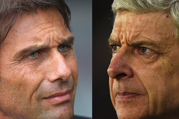 FILE PHOTO - (EDITORS NOTE: COMPOSITE OF TWO IMAGES - Image numbers (L) 602356340 and 514338590) In this composite image a comparision has been made between Antonio Conte manager of Chelsea (L) and Arsene Wenger, Manager of Arsenal. Arsenal and Chelsea meet in a Premier League match on September 24, 2016 at the Emirates Stadium. ***LEFT IMAGE*** SWANSEA, WALES - SEPTEMBER 11: Antonio Conte manager of Chelsea looks thoughtful prior to the Premier League match between Swansea City and Chelsea at Liberty Stadium on September 11, 2016 in Swansea, Wales. (Photo by Alex Livesey/Getty Images) ***RIGHT IMAGE*** HULL, ENGLAND - MARCH 08: Arsene Wenger, Manager of Arsenal looks on during the Emirates FA Cup Fifth Round Replay match between Hull City and Arsenal at KC Stadium on March 8, 2016 in Hull, England. (Photo by Laurence Griffiths/Getty Images)