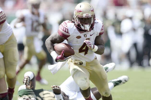 TAMPA, FL - SEPTEMBER 24: Running back Dalvin Cook #4 of the Florida State Seminoles heads to the end zone for a touchdown against the South Florida Bulls during the 1st quarter at Raymond James Stadium on September 24, 2016 in Tampa, Florida. (Photo by Jason Behnken / Getty Images)