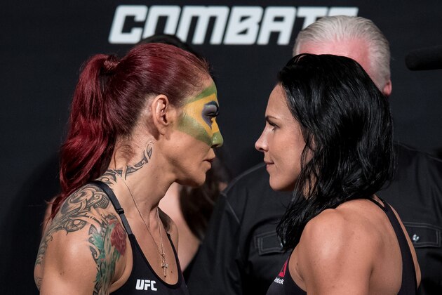 BRASILIA, BRAZIL - SEPTEMBER 23: Opponents Cris Cyborg (L) of Brazil and Lina Lansberg of Sweden face off during the UFC Fight Night weigh-in at Nilson Nelson gymnasium on September 23, 2016 in Brasilia, Brazil. (Photo by Buda Mendes/Zuffa LLC/Zuffa LLC via Getty Images)