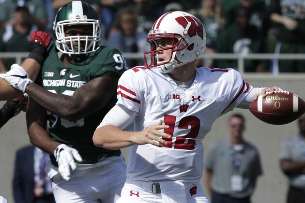 Sep 24, 2016; East Lansing, MI, USA;   Wisconsin quarterback Alex Hornibrook (12) throws a pass during the third quarter of their game against Michigan State at Spartan Stadium. Mandatory Credit: Mark Hoffman/Milwaukee Journal Sentinel via USA TODAY Sports