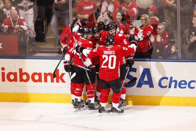 TORONTO, ON - SEPTEMBER 24: Sidney Crosby #87 celebrates with Marc-Edouard Vlasic #44, John Tavares #20, Shea Weber #6 of Team Canada after his first period goal against Team Russia during the World Cup of Hockey game at the semifinal game during the World Cup of Hockey tournament at the Air Canada Centre on September 24, 2016 in Toronto, Ontario, Canada.  (Photo by Dennis Pajot/Getty Images)