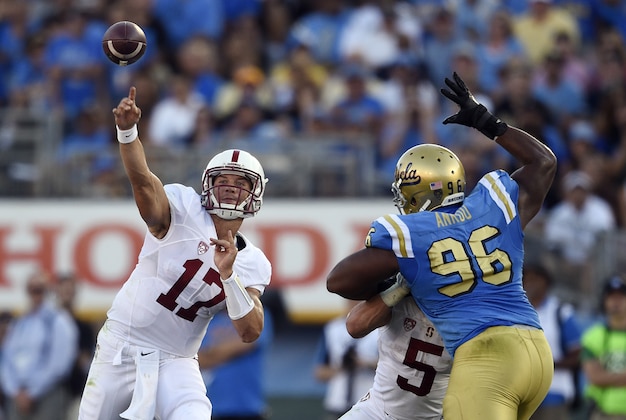 Sep 24, 2016; Pasadena, CA, USA; Stanford Cardinal quarterback Ryan Burns (17) attempts a pass during the first half against the UCLA Bruins at Rose Bowl. Mandatory Credit: Kelvin Kuo-USA TODAY Sports