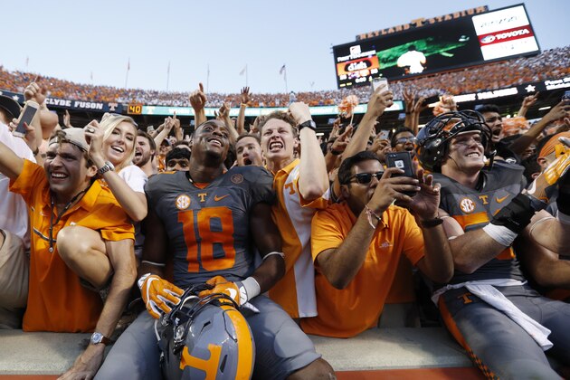 KNOXVILLE, TN - SEPTEMBER 24: Jason Croom #18 of the Tennessee Volunteers celebrates with fans after the Vols defeated the Florida Gators 38-28 at Neyland Stadium on September 24, 2016 in Knoxville, Tennessee. (Photo by Joe Robbins/Getty Images)