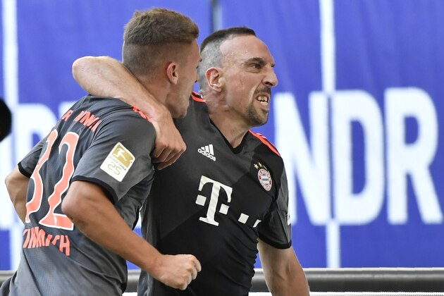 Bayern Munich's midfielder Joshua Kimmich (L) celebrates scoring with Bayern Munich's French midfielder Franck Ribery during the German first division Bundesliga football match between Hamburg SV and FC Bayern Munich in Hamburg, northern Germany, on September 24, 2016. / AFP / John MACDOUGALL / RESTRICTIONS: DURING MATCH TIME: DFL RULES TO LIMIT THE ONLINE USAGE TO 15 PICTURES PER MATCH AND FORBID IMAGE SEQUENCES TO SIMULATE VIDEO. == RESTRICTED TO EDITORIAL USE == FOR FURTHER QUERIES PLEASE CONTACT DFL DIRECTLY AT + 49 69 650050
        (Photo credit should read JOHN MACDOUGALL/AFP/Getty Images)