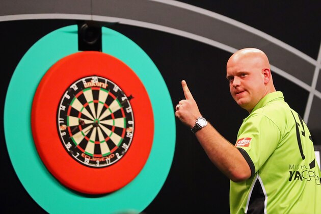 ROTTERDAM, NETHERLANDS - MAY 12:  Michael van Gerwen of the Netherlands celebrates a shot in his match against Phil 'The Power' Taylor of England during the Darts Betway Premier League Night 15 at Rotterdam Ahoy on May 12, 2016 in Rotterdam, .  (Photo by Dean Mouhtaropoulos/Getty Images)