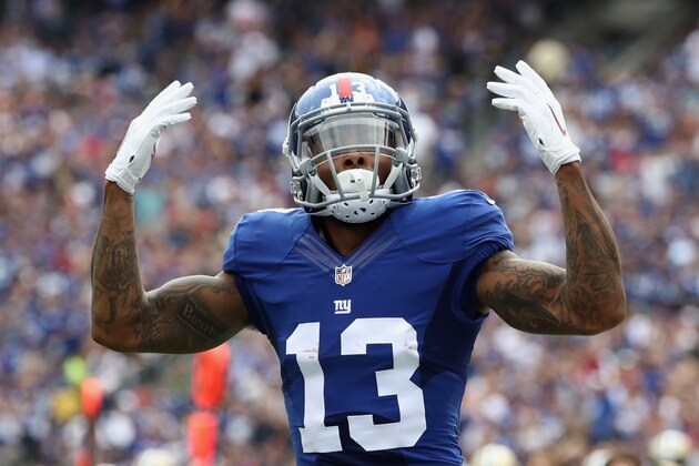 EAST RUTHERFORD, NJ - SEPTEMBER 18:  Odell Beckham #13 of the New York Giants reacts against teh New Orleans Saints during the first quarter at MetLife Stadium on September 18, 2016 in East Rutherford, New Jersey.  (Photo by Elsa/Getty Images)