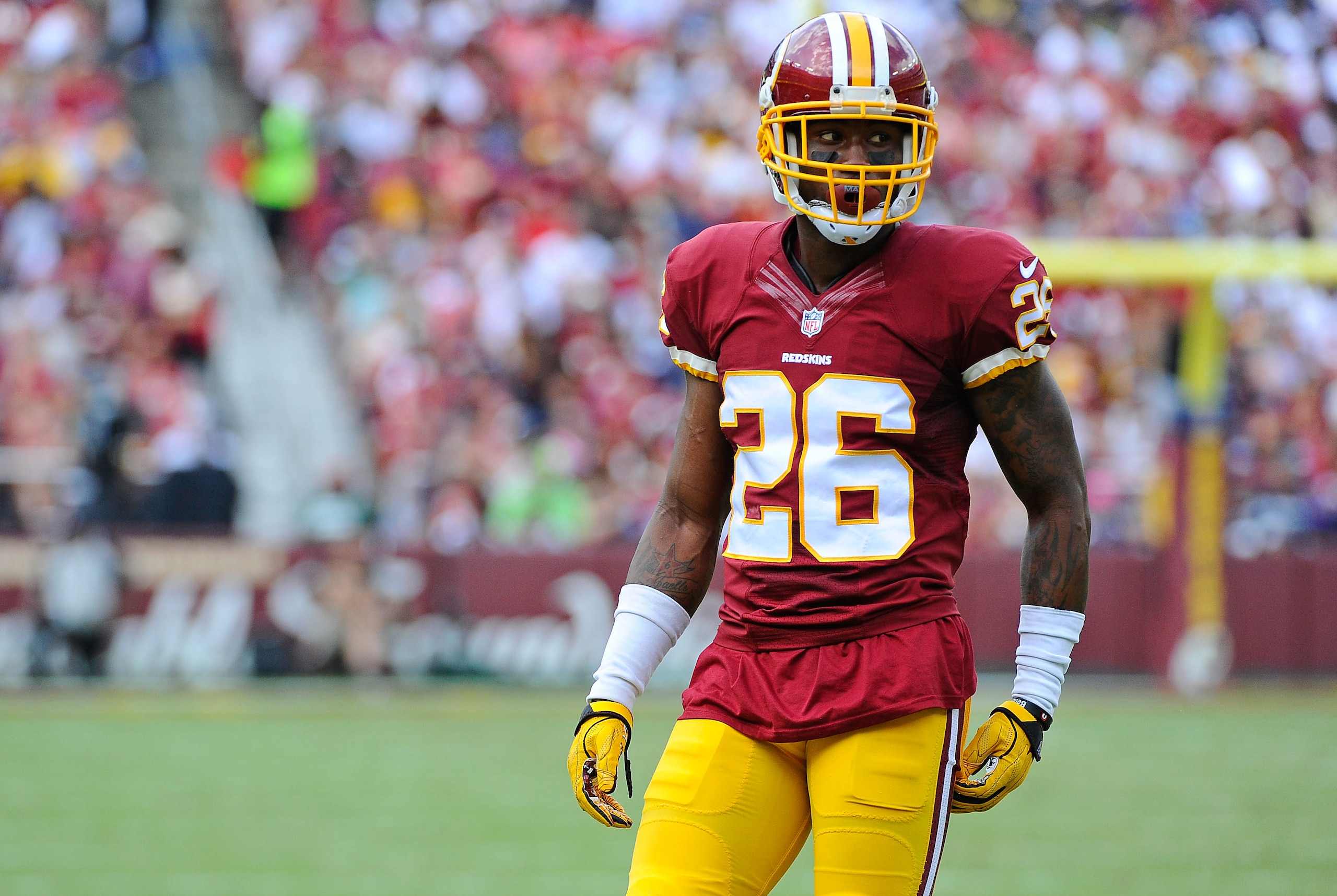 Sep 18, 2016; Landover, MD, USA; Washington Redskins cornerback Bashaud Breeland (26) on the field against the Dallas Cowboys during the first half  at FedEx Field. Mandatory Credit: Brad Mills-USA TODAY Sports