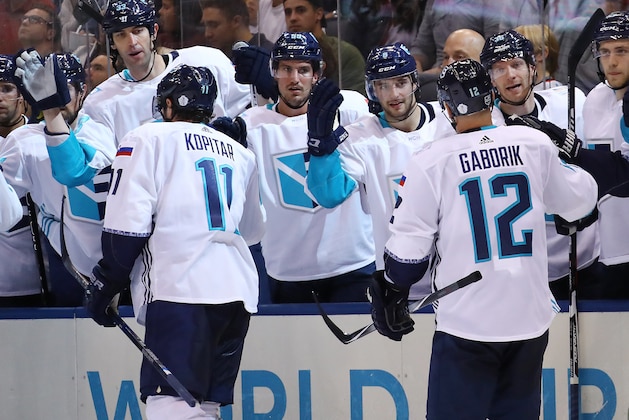 TORONTO, ON - SEPTEMBER 25:  Marian Gaborik #12 of Team Europe is congratulated by his teammates after scoring a second period goal against Team Sweden at the semifinal game during the World Cup of Hockey tournament at  Air Canada Centre on September 25, 2016 in Toronto, Canada.  (Photo by Bruce Bennett/Getty Images)