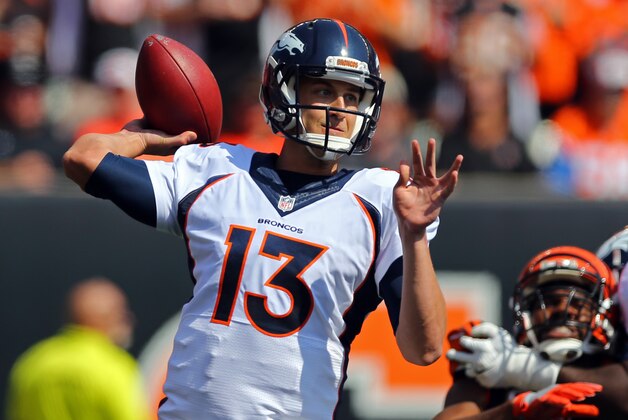 Sep 25, 2016; Cincinnati, OH, USA; Denver Broncos quarterback Trevor Siemian (13) looks to pass against the Cincinnati Bengals in the first half at Paul Brown Stadium. Mandatory Credit: Aaron Doster-USA TODAY Sports