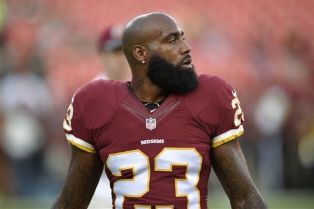 Washington Redskins safety DeAngelo Hall looks on before an NFL preseason football game against the New York Jets, Friday, Aug. 19, 2016, in Landover, Md. (AP Photo/Nick Wass)