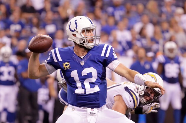INDIANAPOLIS, IN - SEPTEMBER 25:  Andrew Luck #12 of the Indianapolis Colts throws the ball during the game against the San Diego Chargers at Lucas Oil Stadium on September 25, 2016 in Indianapolis, Indiana.  (Photo by Andy Lyons/Getty Images)