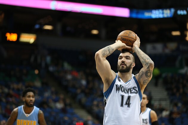 MINNEAPOLIS, MN -  JANUARY 6:  Nikola Pekovic #14 of the Minnesota Timberwolves shoots a free throw against the Denver Nuggets on January 6, 2016 at Target Center in Minneapolis, Minnesota. NOTE TO USER: User expressly acknowledges and agrees that, by downloading and or using this Photograph, user is consenting to the terms and conditions of the Getty Images License Agreement. Mandatory Copyright Notice: Copyright 2016 NBAE (Photo by Jordan Johnson/NBAE via Getty Images)