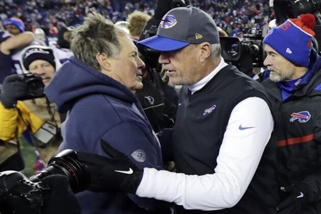 Buffalo Bills head coach Rex Ryan, right, greets New England Patriots head coach Bill Belichick, after an NFL football game, Tuesday, Nov. 24, 2015, in Foxborough, Mass. The Patriots won 20-13. (AP Photo/Charles Krupa)