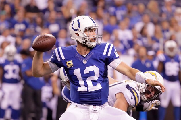 INDIANAPOLIS, IN - SEPTEMBER 25:  Andrew Luck #12 of the Indianapolis Colts throws the ball during the game against the San Diego Chargers at Lucas Oil Stadium on September 25, 2016 in Indianapolis, Indiana.  (Photo by Andy Lyons/Getty Images)
