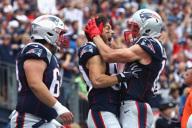 FOXBORO, MA - SEPTEMBER 18:  Danny Amendola #80 of the New England Patriots (C) celebrates with Julian Edelman #11 after scoring a touchdown during the first quarter against the Miami Dolphins at Gillette Stadium on September 18, 2016 in Foxboro, Massachusetts.  (Photo by Maddie Meyer/Getty Images)
