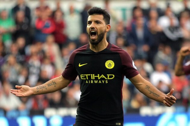 SWANSEA, WALES - SEPTEMBER 24: Sergio Aguero of Manchester City celebrates his goal he scored from the penalty spot during the Premier League match between Swansea City and Manchester City at The Liberty Stadium on September 24, 2016 in Swansea, Wales. (Photo by Athena Pictures/Getty Images)