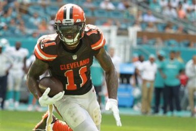 Cleveland Browns wide receiver Terrelle Pryor (11) runs for a touchdown during the second half of an NFL football game against the Miami Dolphins, Sunday, Sept. 25, 2016, in Miami Gardens, Fla. (AP Photo/Lynne Sladky)