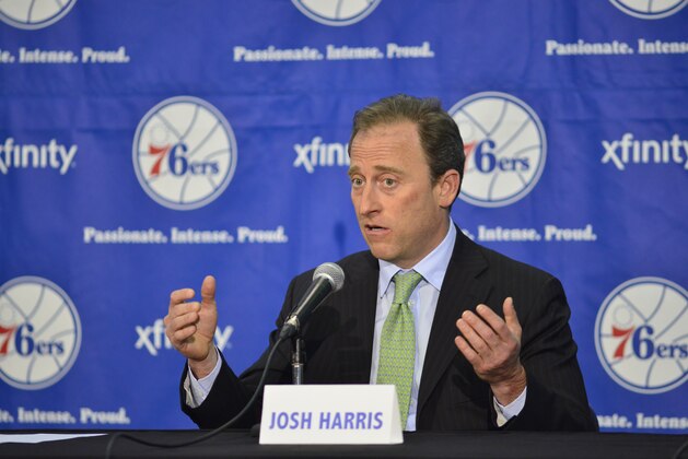 PHILADELPHIA - MAY 14:  Managing Owner Josh Harris of the Philadelphia 76ers introduces Sam Hinkie as President of Basketball Operations and General Manager during a press conference on May 14, 2011 in Philadelphia, Pennsylvania. NOTE TO USER: User expressly acknowledges and agrees that, by downloading and or using this photograph, User is consenting to the terms and conditions of the Getty Images License Agreement. Mandatory Copyright Notice: Copyright 2013 NBAE  (Photo by David Dow/NBAE via Getty Images)